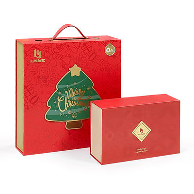 Custom Luxury Red Magnetic Clamshell Kerstthema Geschenkdoos Biodegradeerbaar Rigid Magnetic Closure Box Verpakking Met Handle