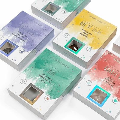 Custom stijve cadeaubon voor kristalglas accessoire holografisch effect en venster op deksel
