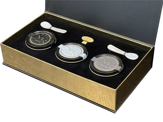 Gouden verpakking Zwarte rode kaviaar blikken pot geschenk set met kartonnen verpakking en mouw