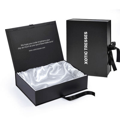 Custom High End Zwarte Magnetische Doos Kleding Karton Geschenk Pakket Doos Mensenhaar Verpakkingsdoos Met Satin Zijde