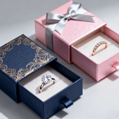 Vintage Luxe Custom Logo Ringdozen Ivoorkarton met Spons Fluweel Voering Stempelen Vernissen UV-coating Drukwerk Afhandeling