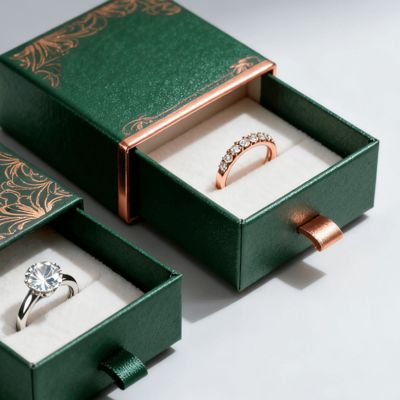 Vintage Luxe Custom Logo Ringdozen Ivoorkarton met Spons Fluweel Voering Stempelen Vernissen UV-coating Drukwerk Afhandeling